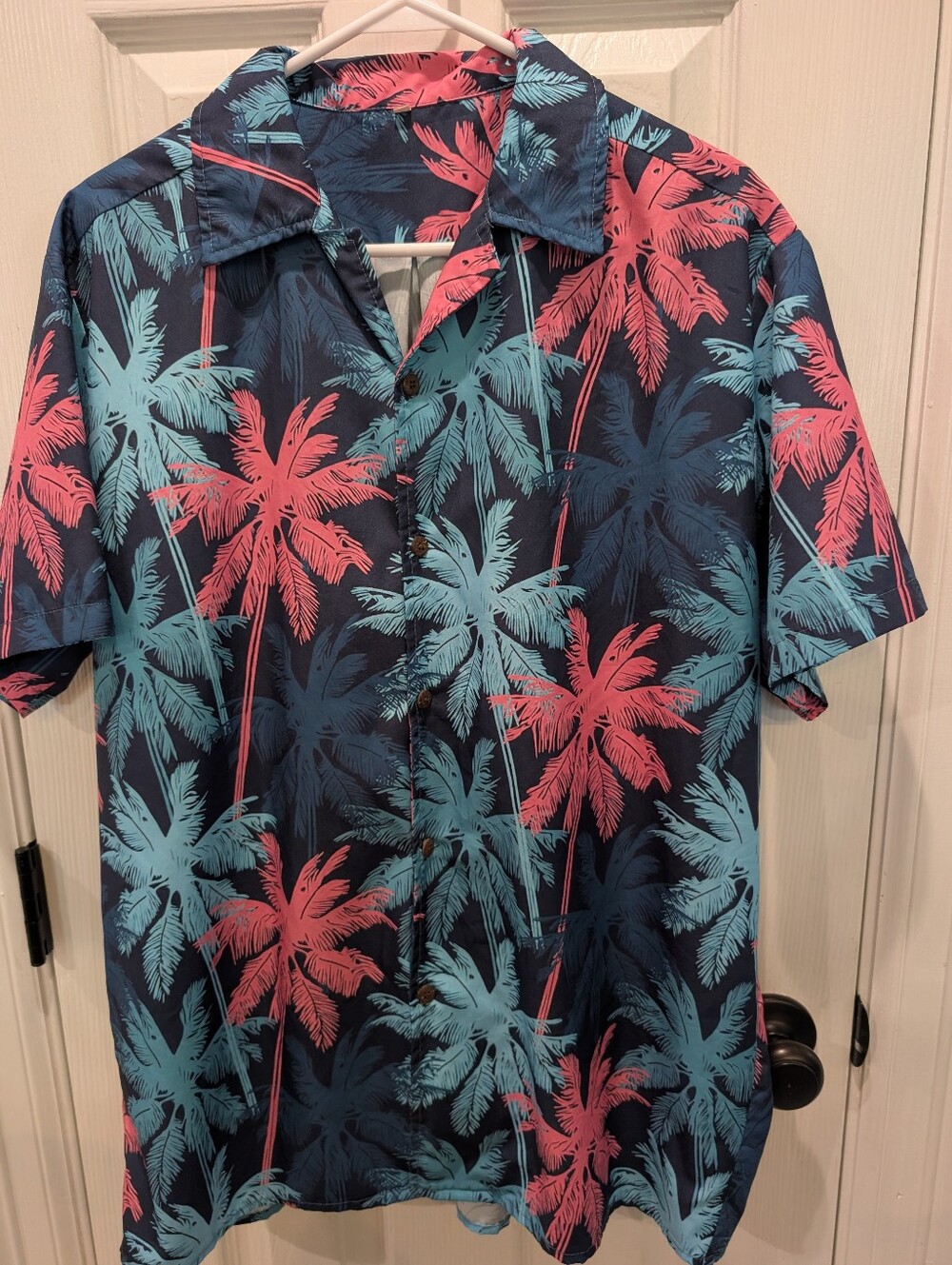Men's Navy Palm-Print Short-Sleeve Shirt - Blue & Pink